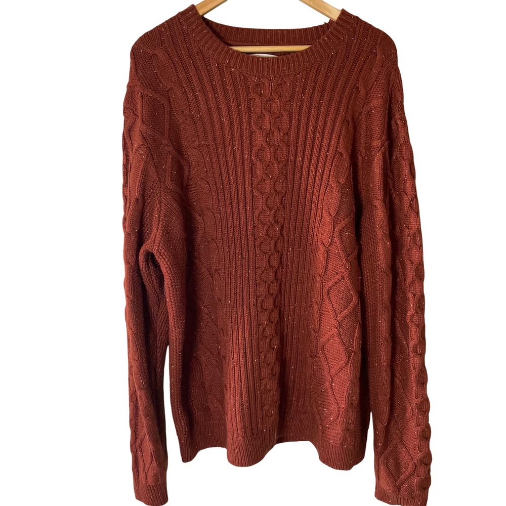Lucky Brand Mens XXL Rust Cable Knit Speckled Crewneck Sweater Wool Grandpacore